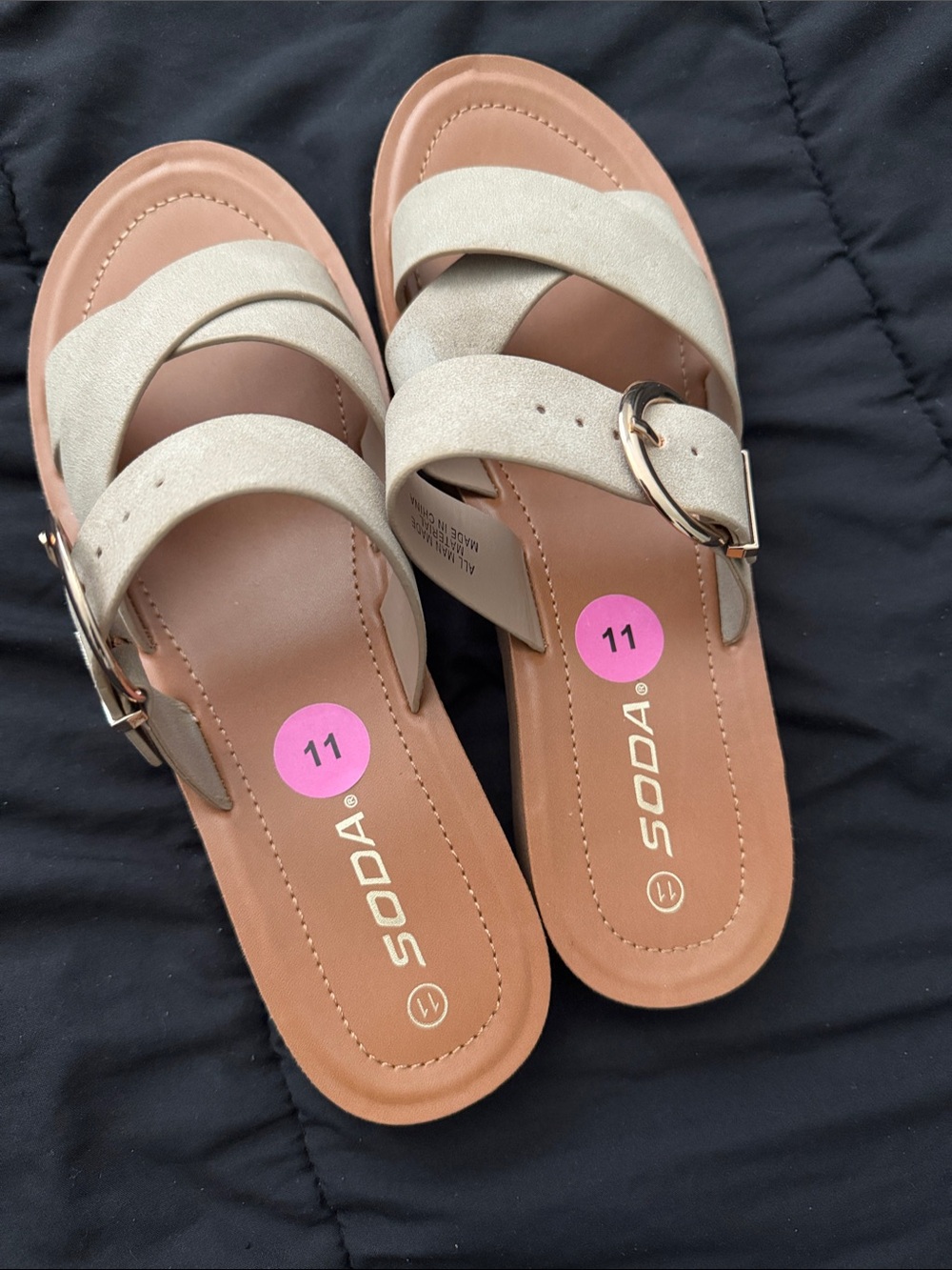 Soda Women’s Tan and Beige Crossband Slide Sandals with Buckle